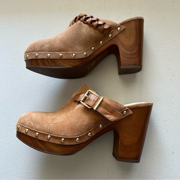 Vince Camuto Shoes - Vince Camuto Crashell  Wooden heel Buckle Clog Brown Suede Women's Clogs